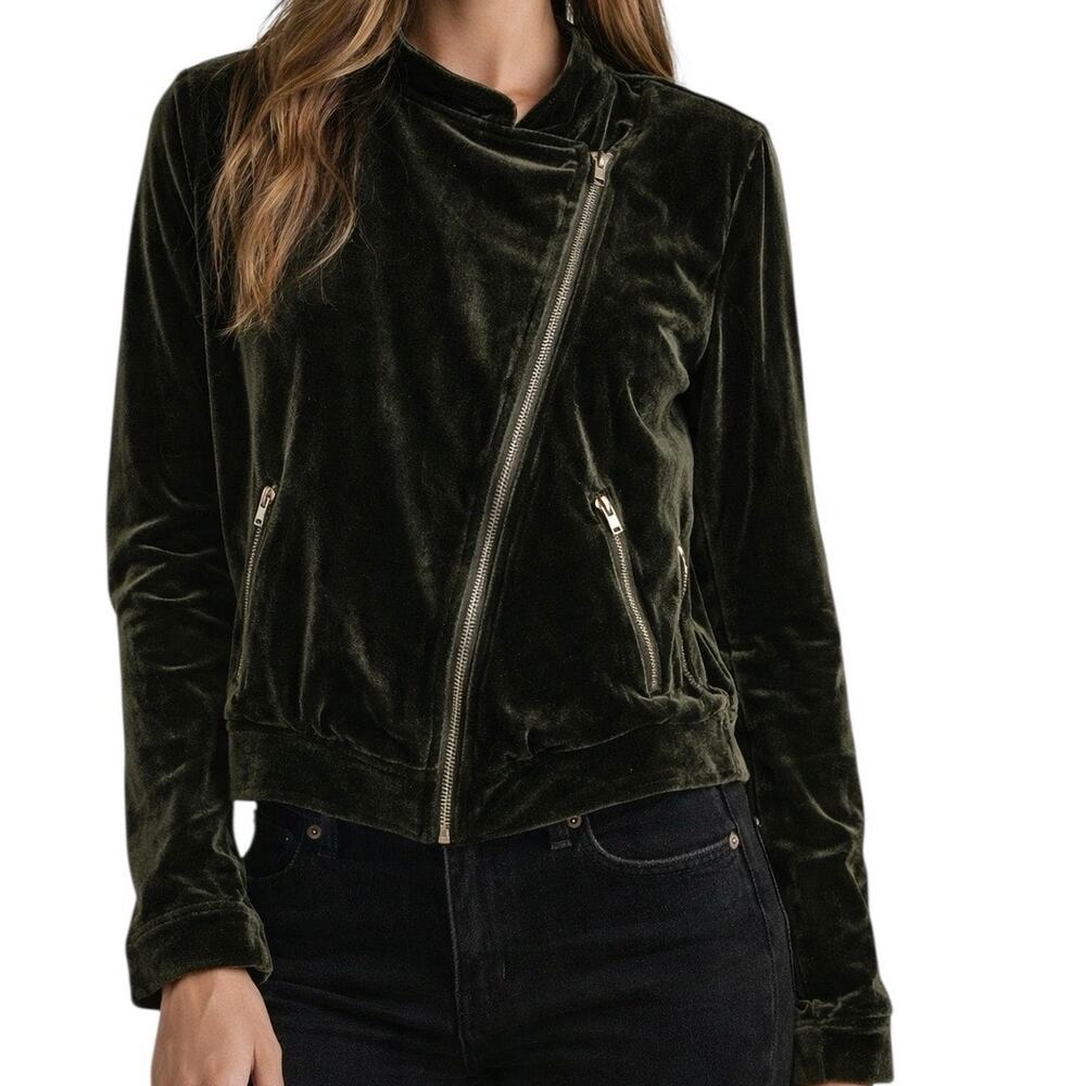 Mustard Seed Olive Green Velvet‎ Moto Jacket Small Asymmetrical Zip Cropped